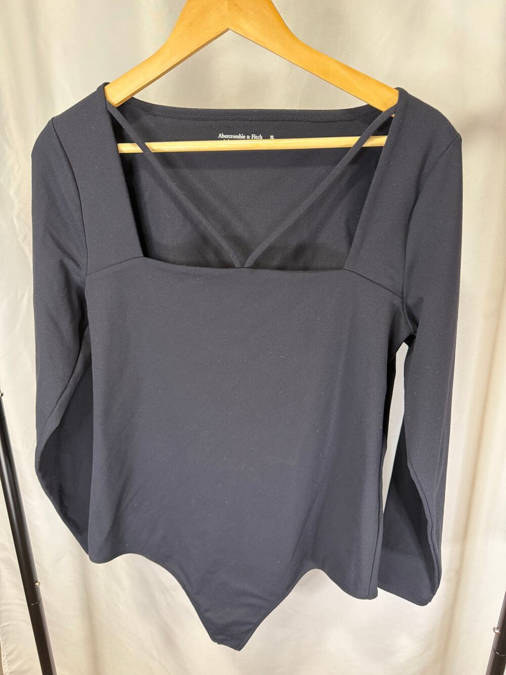 Abercrombie & Fitch Bodysuit XL Black Long Sleeve Strappy Square Neck Soft A&F